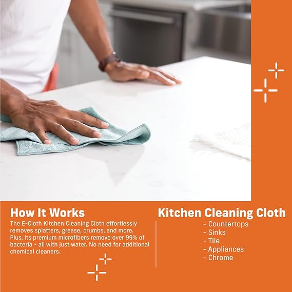 E-Cloth Kitchen Cleaning Cloth, Premium Microfibre Cleaning Cloth with Scrubber, Ideal for Kitchen Sinks and Dish Scrubber, Reusable, 100 Wash Promise, 2 Pack