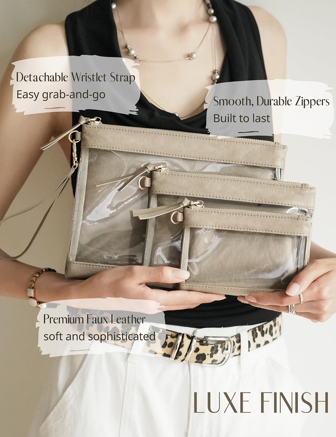 Popvibe Clear Travel Bag Organizer Pouches Set 3 Pack Clear Makeup Bag with Zipper Travel Pouch Car Toiletry Bag for Women Transparent Cosmetic Bag for Traveling, Taupe