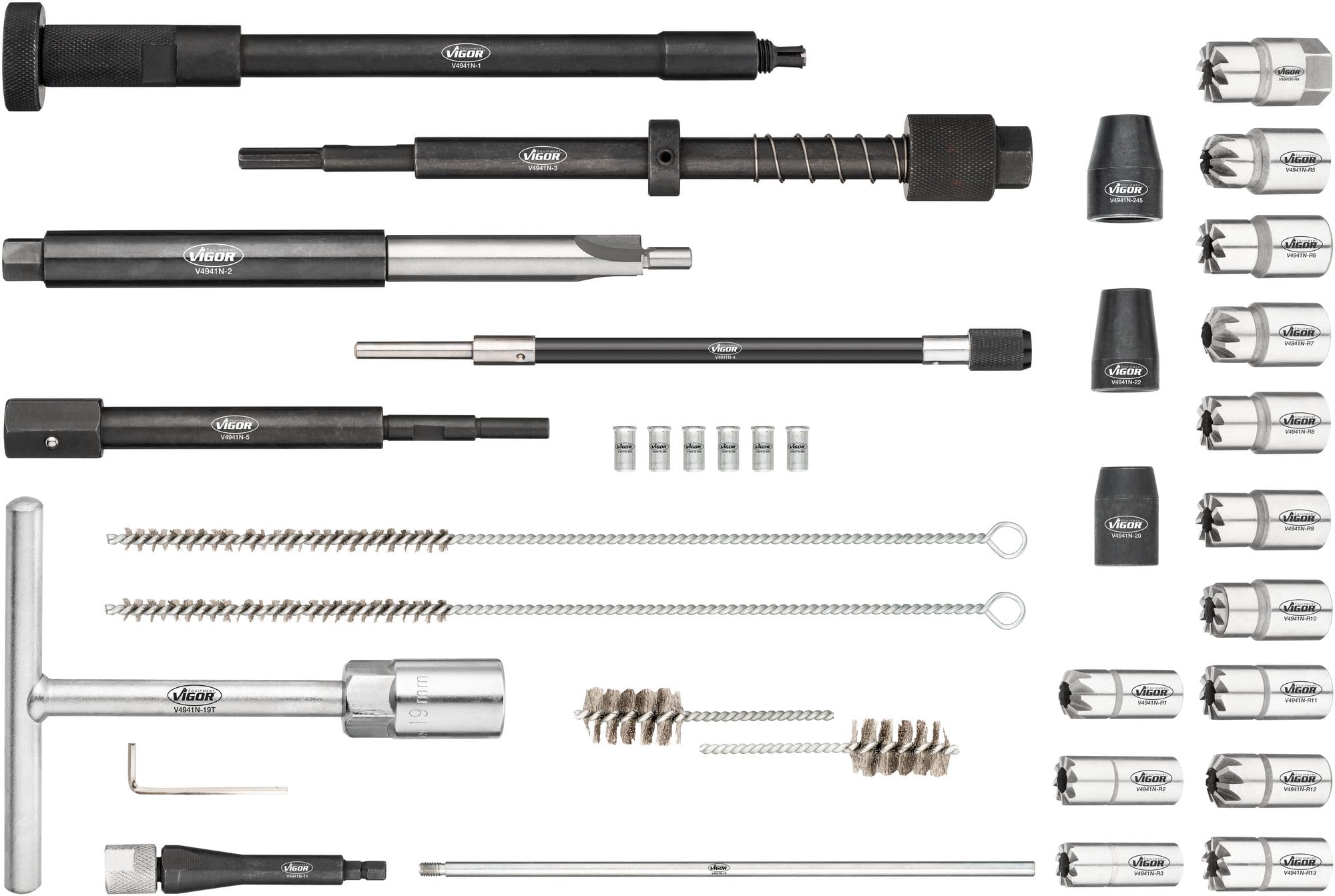 ViGOR V4941N Kit de nettoyage de puits d'injection, pour moteurs diesel à injection directe et Common Rail, y compris couronnes de centrage et bouchons, pour injecteurs Bosch et Delphi'.