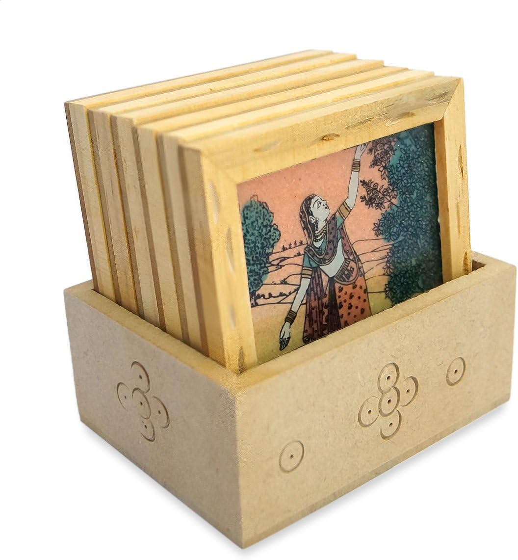 Wooden Round Tea Coasters Set of 6 in Antique Inspired Barrel Holder