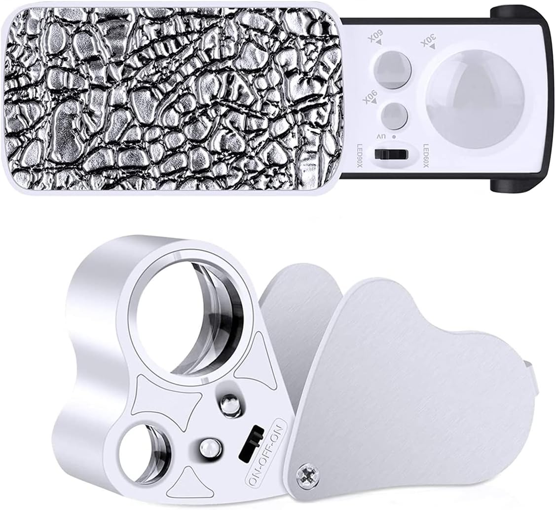 2 PCS Illuminated Jewelers Loupe, 30X 60X 90X Eye Loupe Portable Magnifying Glass with LED Light , Lighted Magnifier for Jewelry, Coins, Plants, Stamps, Gems, Watch Repair Work : Arts, Crafts & Sewing