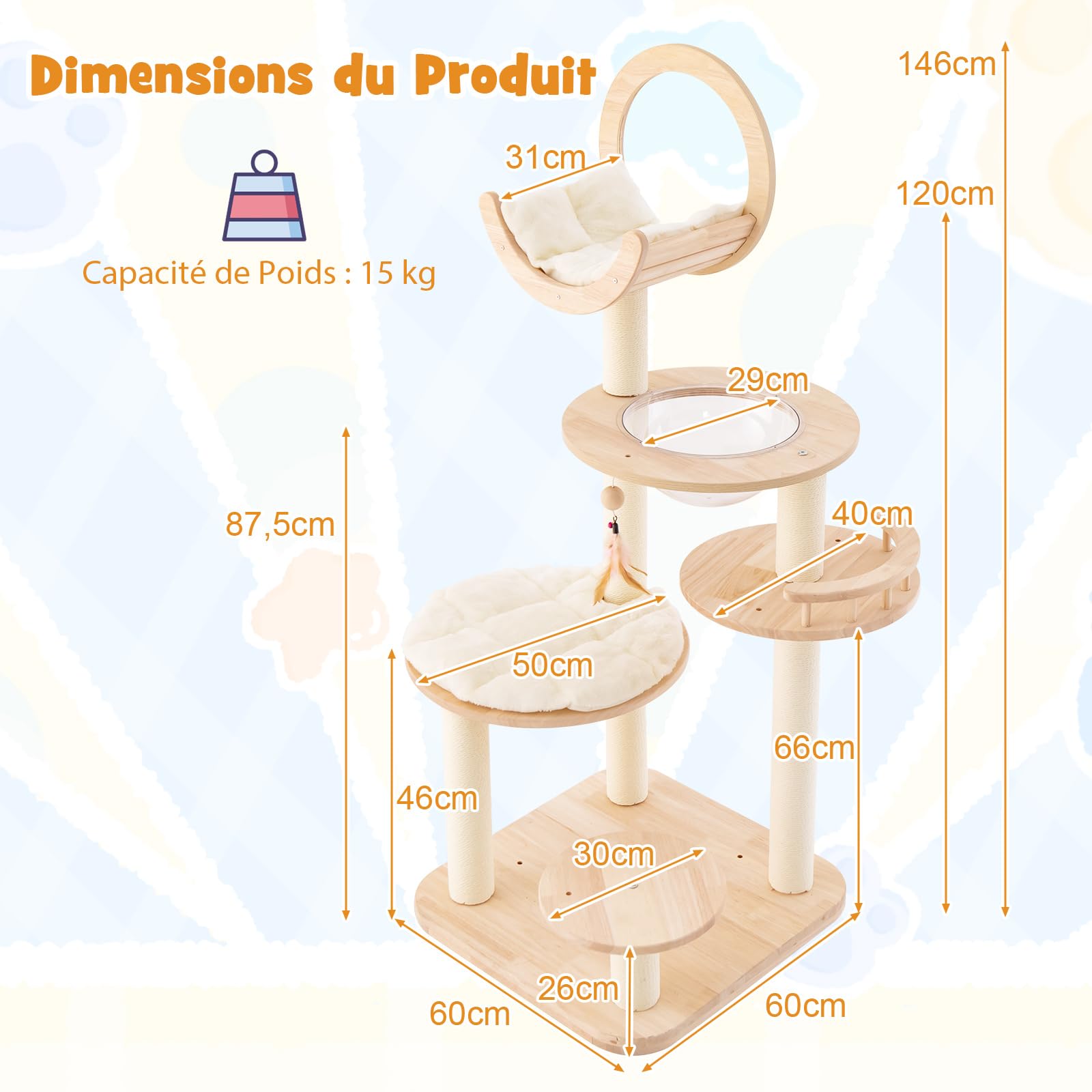 COSTWAY Arbre à Chat en Bois Convertible 4 en 1, Grande Tour à Chat 146 CM en Blocs de Construction avec Condo, Hublot et Griffoir, Centre d’Activités pour Chaton avec Jouet Suspend, Bois de Chêne
