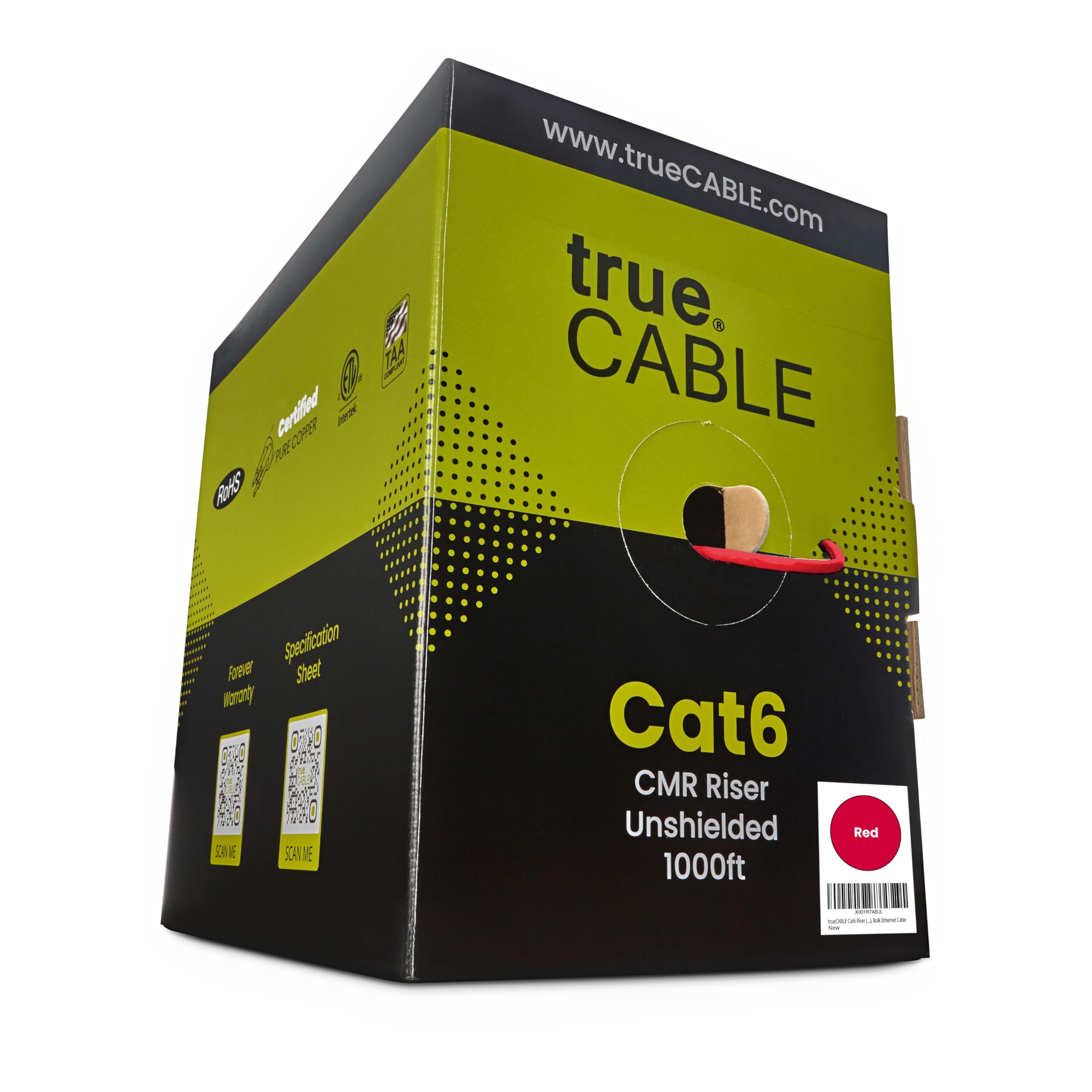 trueCABLE Cat6 Riser (CMR), 1000ft, Red, 23AWG 4 Pair Solid Bare Copper, 550MHz, PoE++ (4PPoE), ETL Listed, Unshielded Twisted Pair (UTP), Bulk Ethernet Cable
