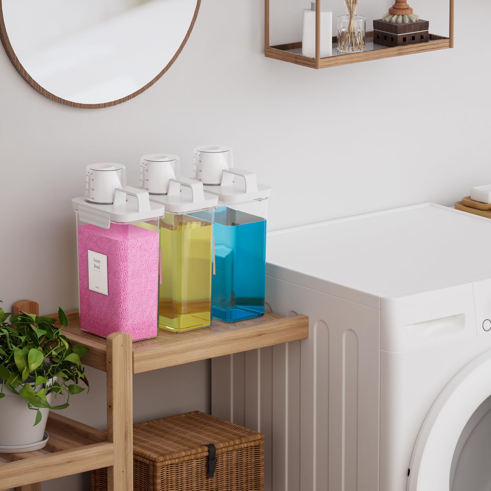 Dispenser per detersivo per bucato, confezione da 3 dispenser per liquidi, in plastica, per lavanderia, polvere e ammorbidente con etichette, trasparente