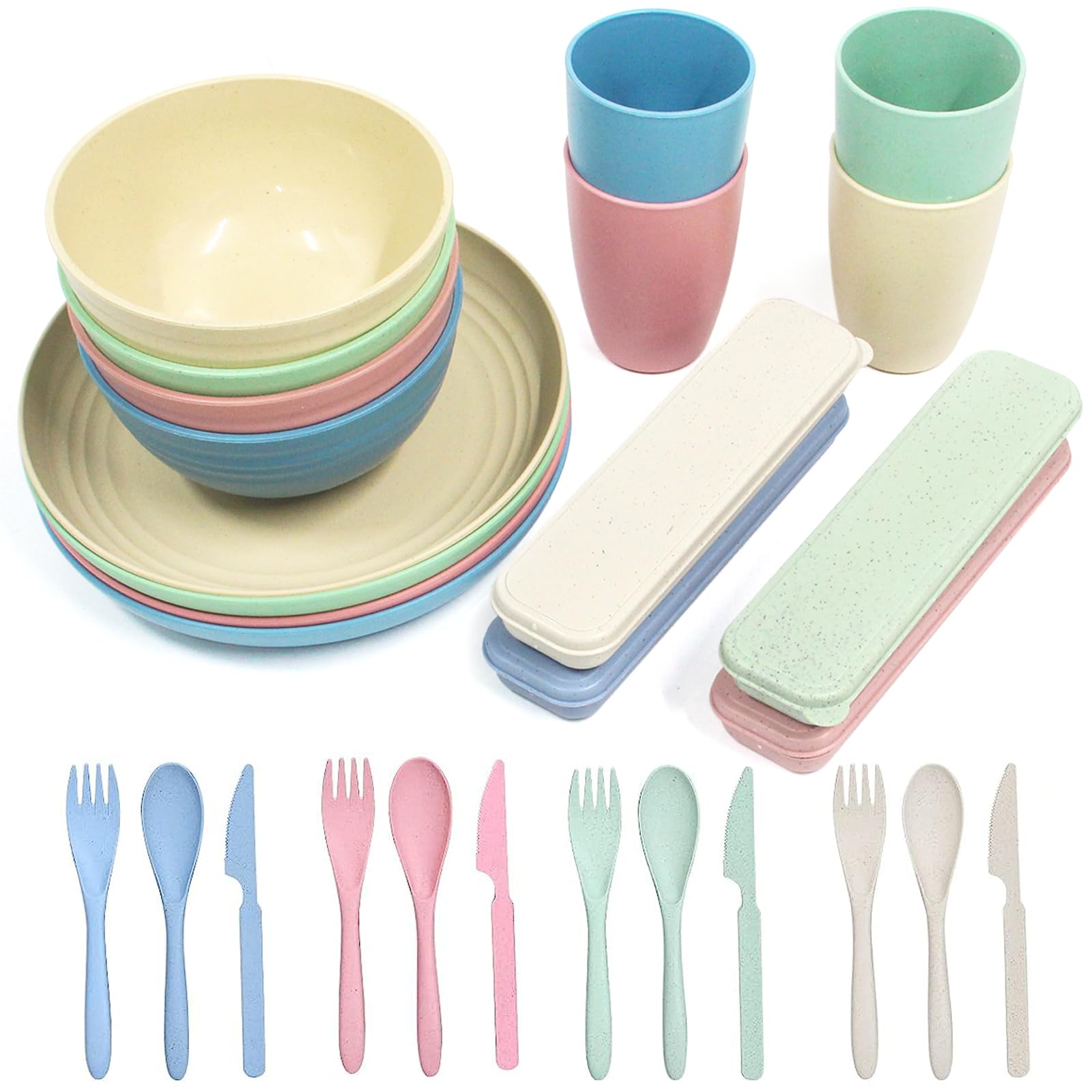 Wheat Straw Dinnerware Sets, 28PCS Plastic Plates and Bowls Sets College Dorm Room Essentials Dishes Set with Cutlery Set Microwave Safe