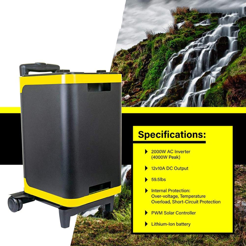 WSHA Générateur Solaire de Centrale électrique Portable 2000W 1886WH Batterie de Secours au Lithium-ION avec 2 Roues, pour Le Camping Autonome en Plein air