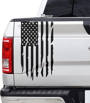 BOGAR TECH DESIGNS Precut Distressed American Flag Side Rear Tailgate Decal Sticker fits Most Pick Up Trucks, Matte Black