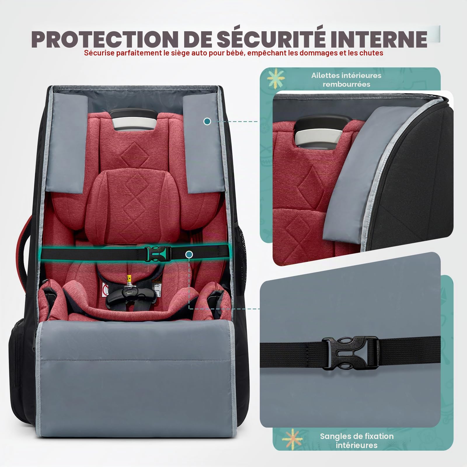 RAINSMORE Sac de Voyage pour siège de Voiture, Sac à Dos pour siège Auto, Housse Poussette Avion Rembourrée, Sacs de Siège Auto pour Bébé Étanches et Durables pour Avion Voyage