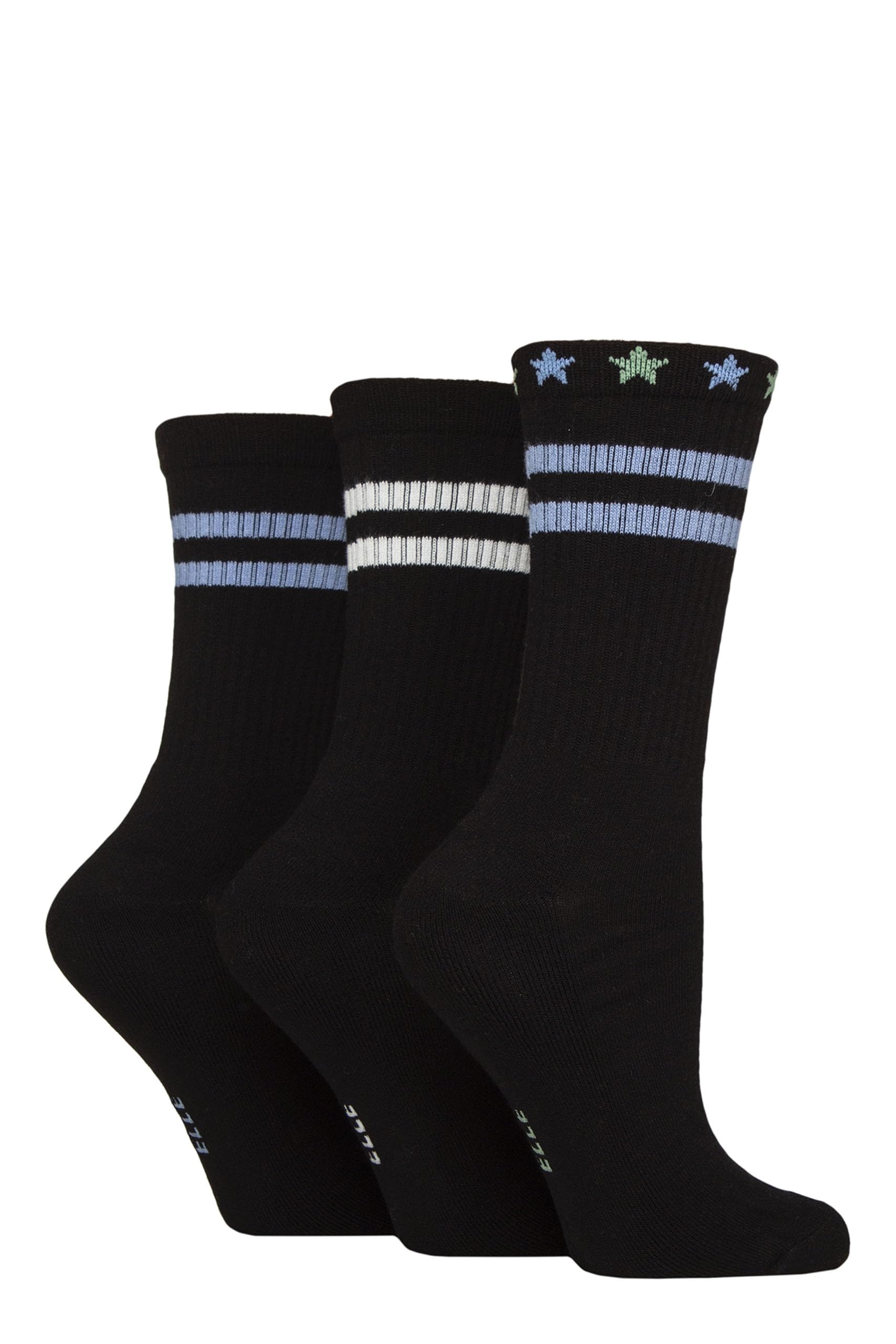 ELLE Women's Bamboo Sports Socks - Plain and Striped, Crew Socks, Half Cushion 3 Pair Multipack Sizes 4-8 (UK, Numeric, 4, 8, Regular, Regular, Black/Forager)