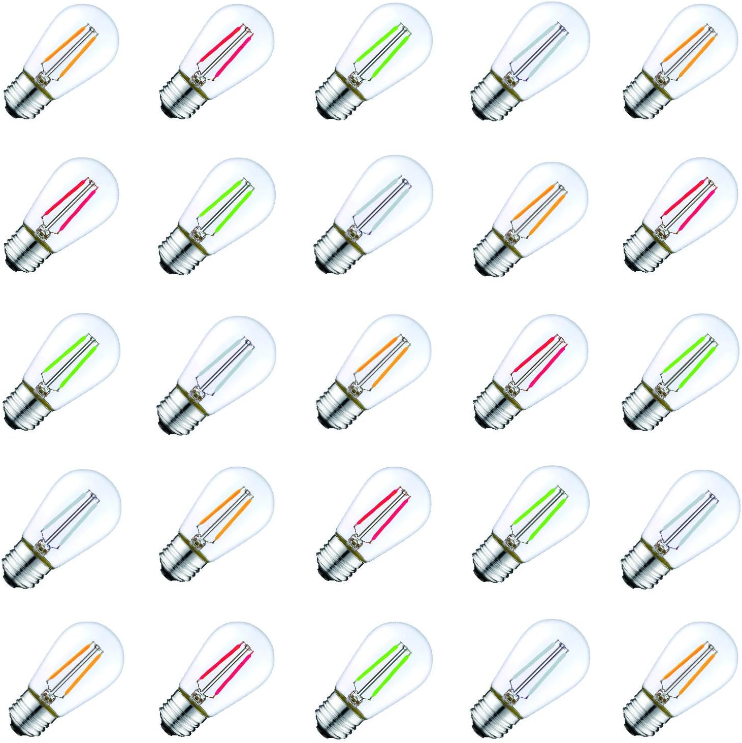 Bulbstring 25 Pack 2 Watt Colored Dimmable S14 LED Light Bulbs for Outdoor String Lights - 2W Replacement LED Bulbs Equal to 11-20W Incandescent Bulbs - Edison Filament Bulb- E26 Base - Assorted Color