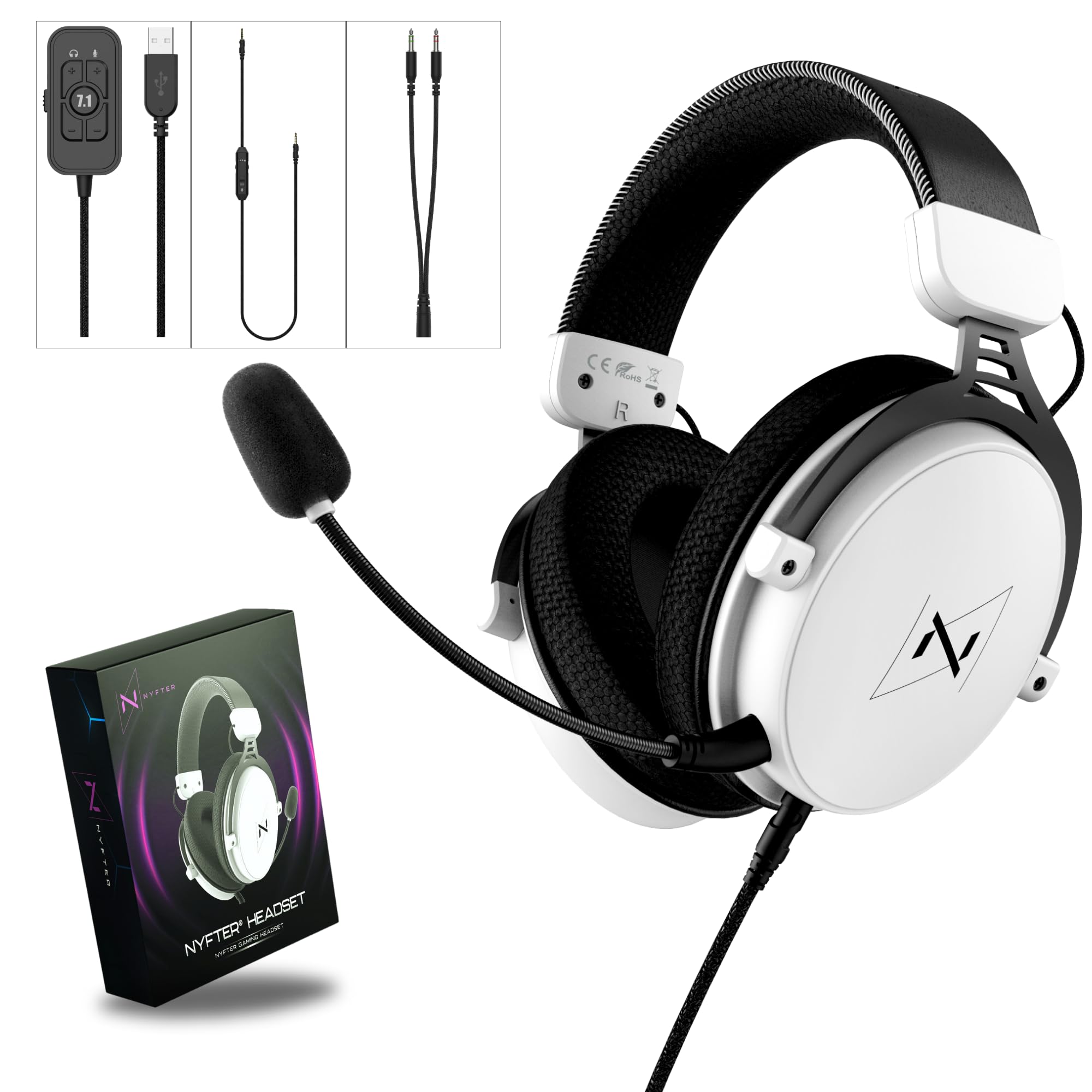 Nyfter - Premium zestaw słuchawkowy gamingowy 02/2024 Surround Sound Earpad z pianką memory do gier PC, Xbox, telefonów, PS, Switch, Xbox.