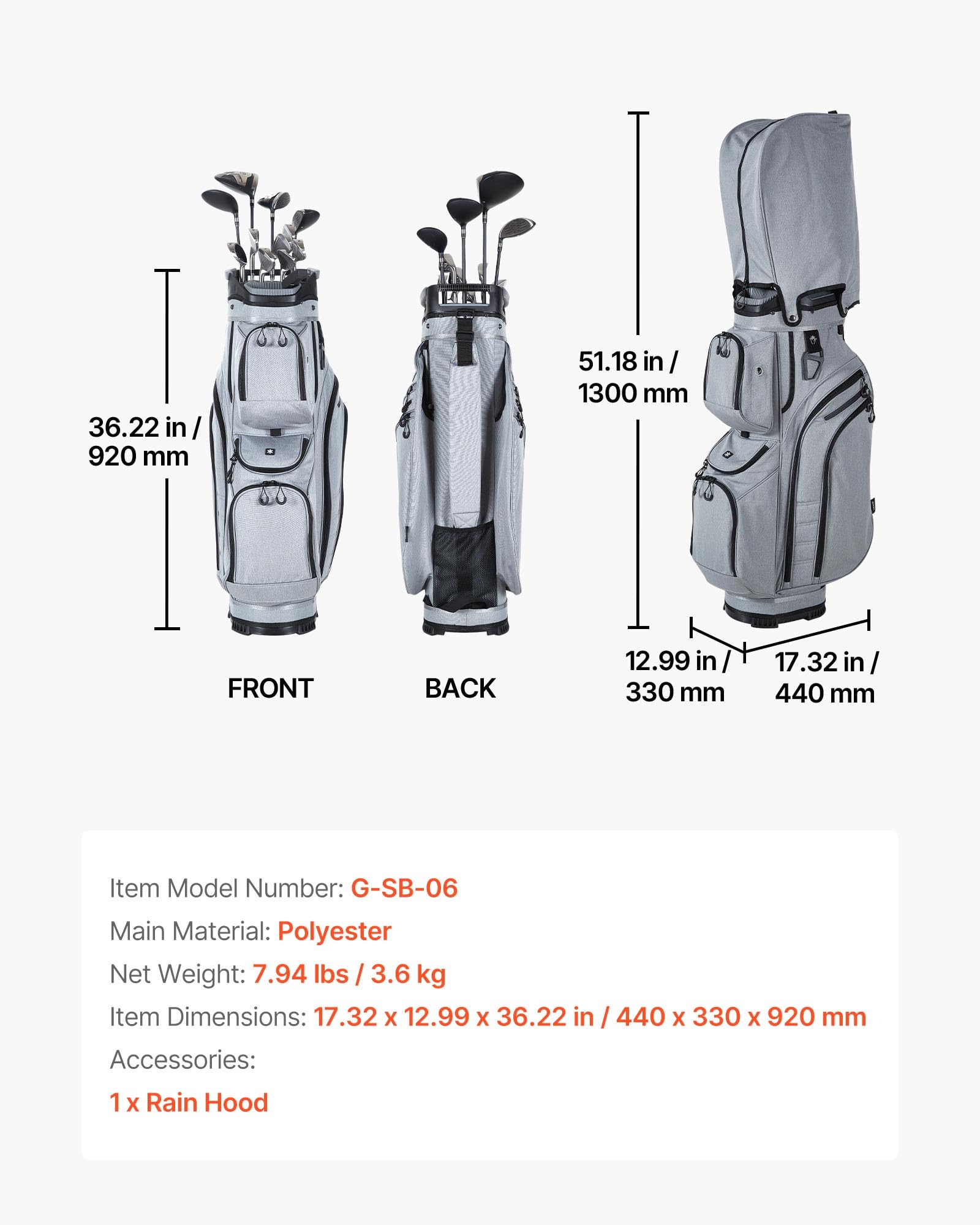 VEVOR Golfbag mit 15-facher Einteilung, Golftasche mit Schultergurt Silikon-Kopfschutz Durchgehenden Trennfächern Regenhaube Stautaschen, Caddybag aus Leichtem Polyester für Herren Damen Golf Cartbag