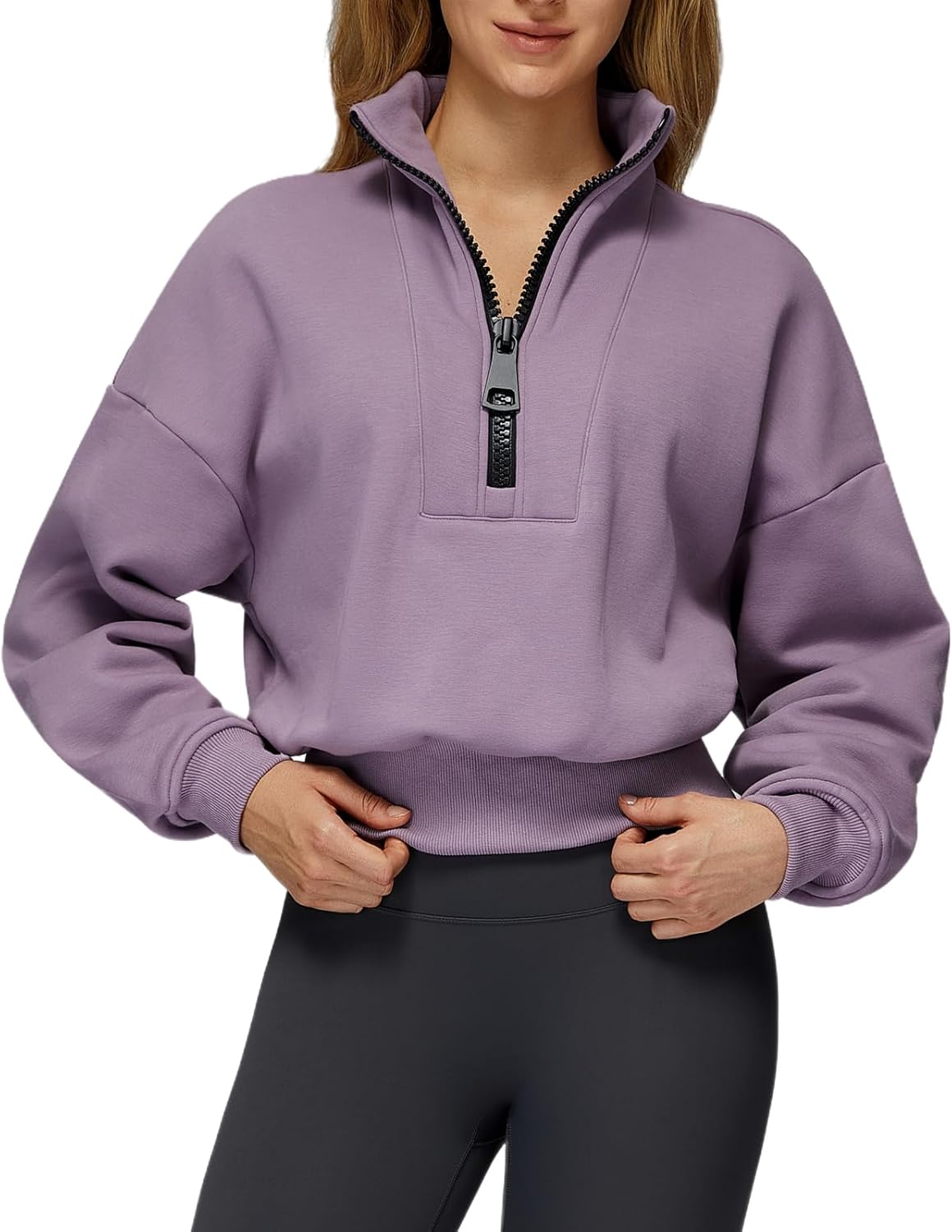 Women’s Fleece-Lined Half Zip Pullover Sweatshirt Warm Top with Ribbed Hem | Cozy Winter Athleisure Wear