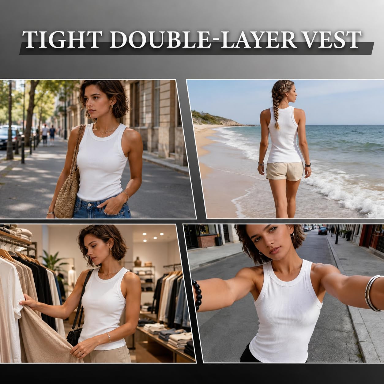 Tank Top Damen mit Integriertem BH, Geripptes Ärmelloses Top mit Rundhals, Weiches Stretch Sommer Oberteil Basic Shirt
