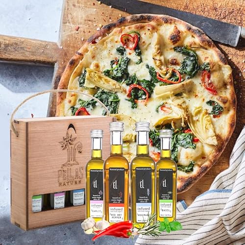 Pellas Nature, Organic Herbs Infused Greek Extra Virgin Olive Oil Set, Finishing Oil Flavors Basil, Garlic, Red Pepper, Rosemary, Wooden Combo Set, No-Additives, Kosher, 4 X 50 Ml (1.7 Oz.) Bottles, Pack Of 1 #TOP3