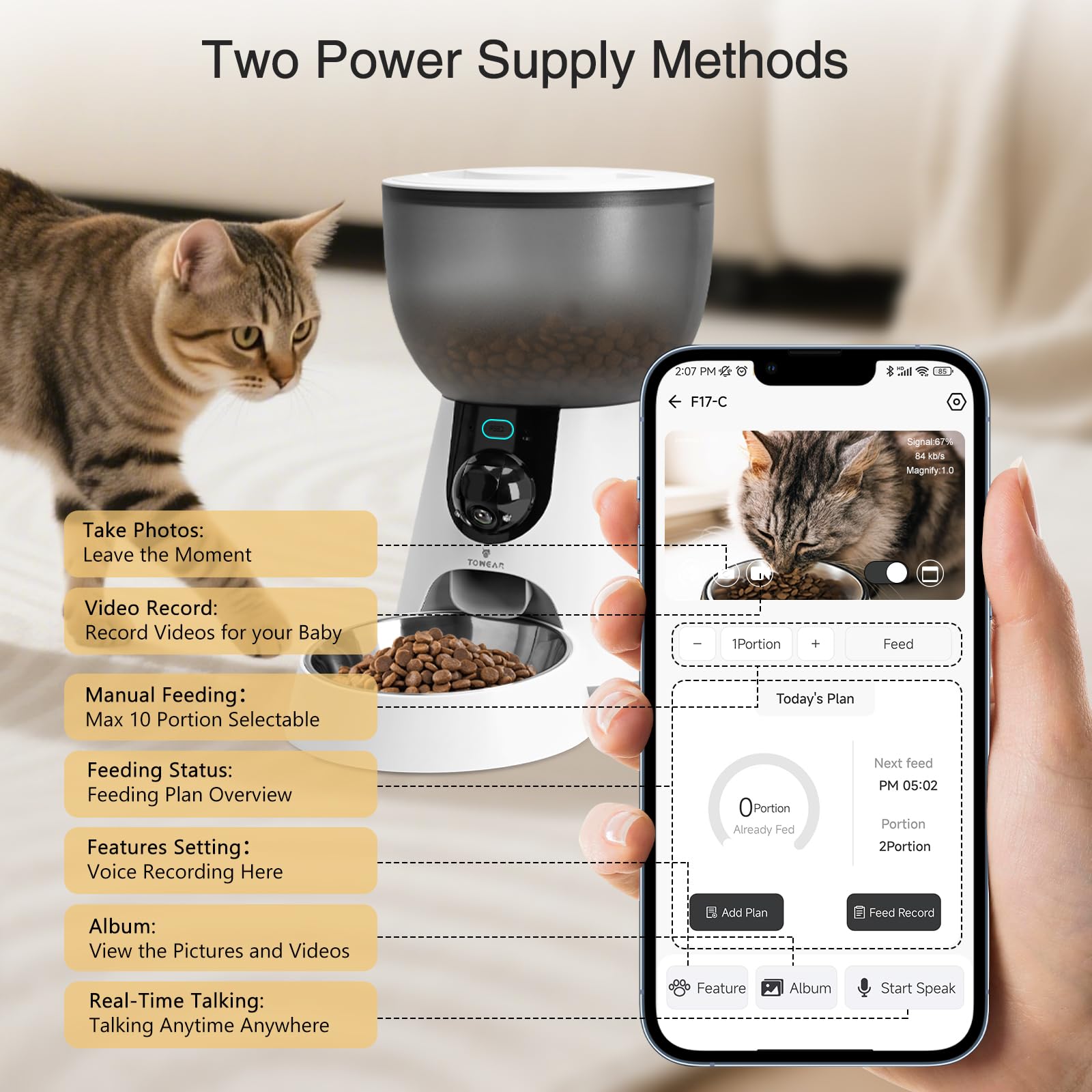 Alimentatore automatico per animali domestici con fotocamera, alimentatore per gatti WiFi da 5 GHz/2,4 GHz, capacità 4 l, 1-10 pasti/giorno con promemoria batteria scarica, voce bidirezionale