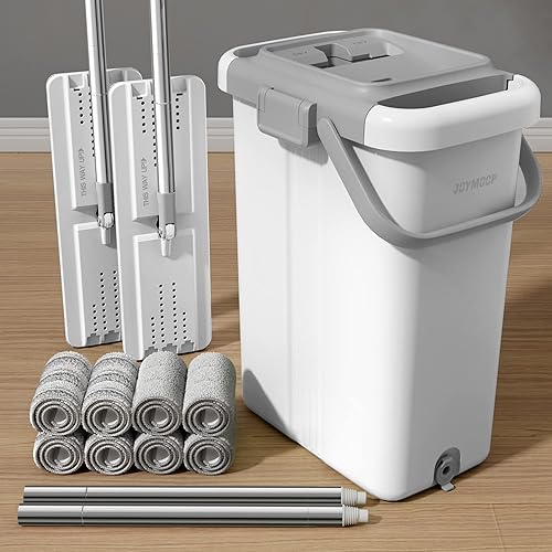 JOYMOOP Juego de trapeador y cubo con escurridor para limpieza de suelos y limpiador de paredes, juego de sistema de trapeador plano y cubo con 2