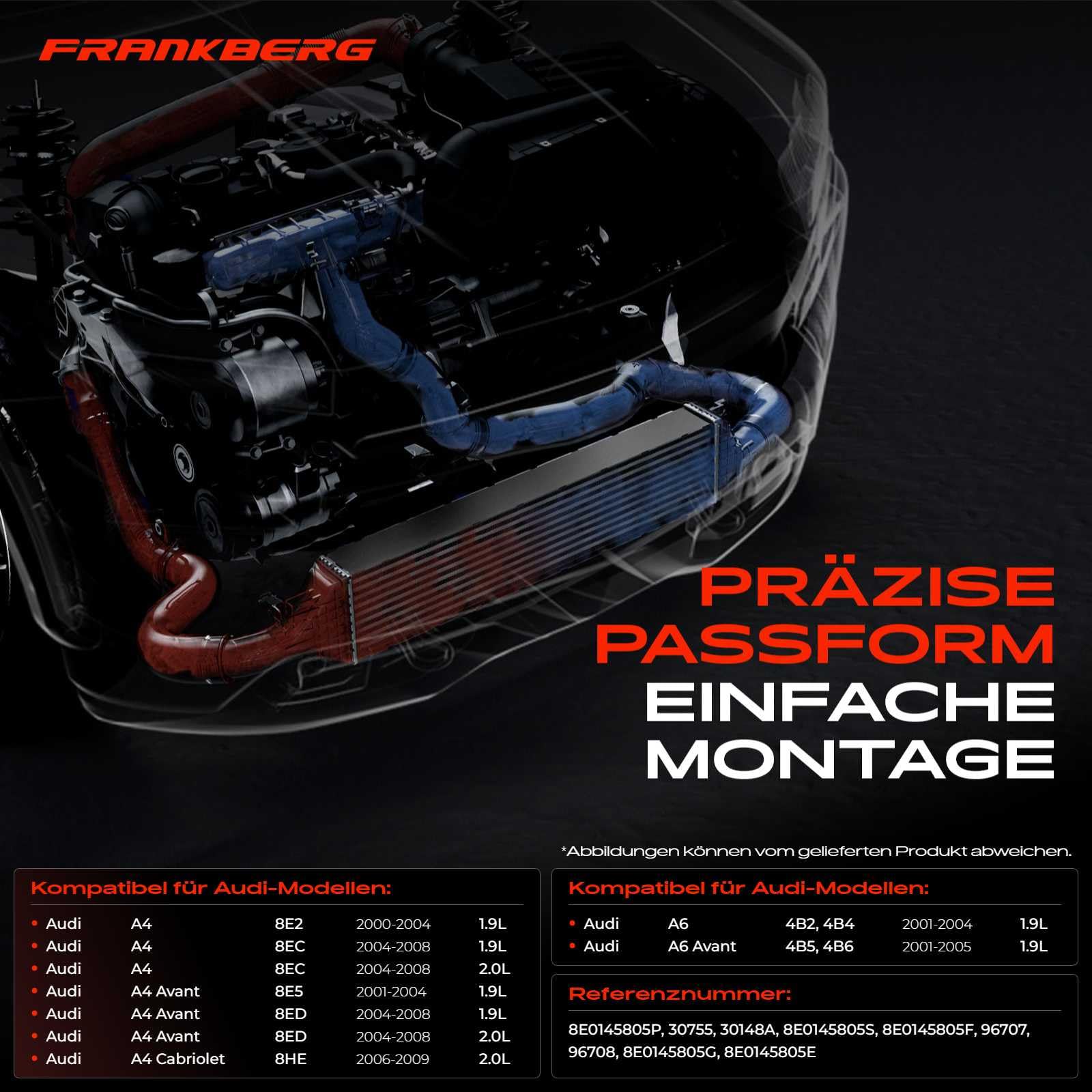 Frankberg Ladeluftkühler Turbokühler Kühler Kompatibel mit A4 8E2 B6 8EC B7 8HE 2000-2009 A4 Avant 8E5 B6 8ED B7 2001-2008 A6 4B2 C5 2001-2004 A6 Avant 4B5 2001-2005