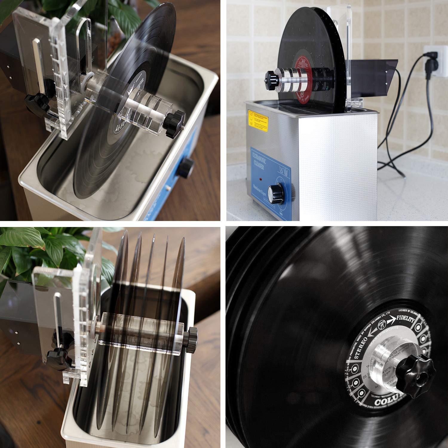 Pulitore a ultrasuoni per dischi in vinile: lava 6 dischi contemporaneamente, timer regolabile 0-20 minuti, ripiano sollevabile e supporto per asciugatura per una pulizia profonda