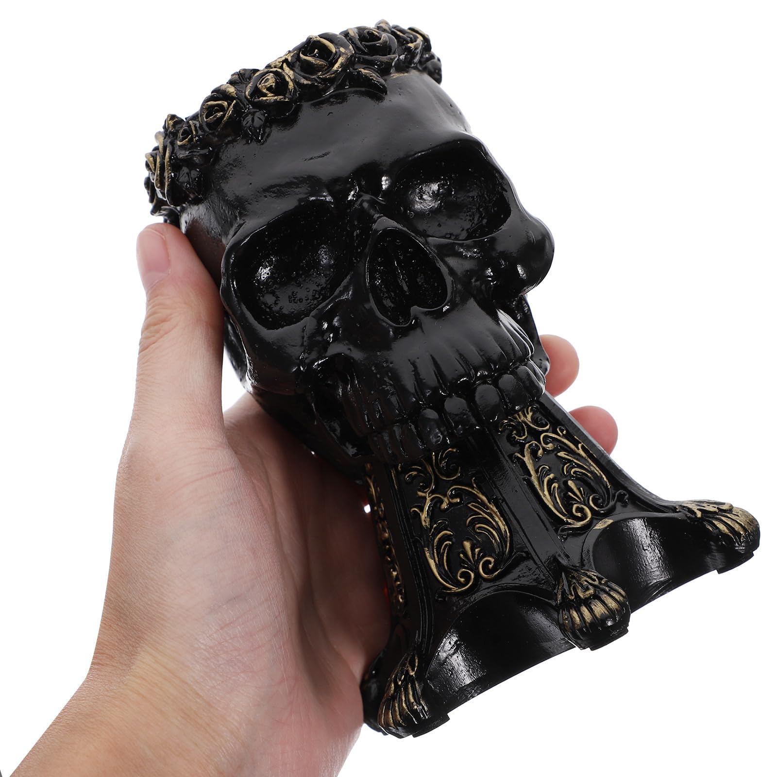 Escultura de Calavera de Resina Negra Base Soporte para Bola de Cristal, Decoración Única para Fiesta de Halloween y Hogar