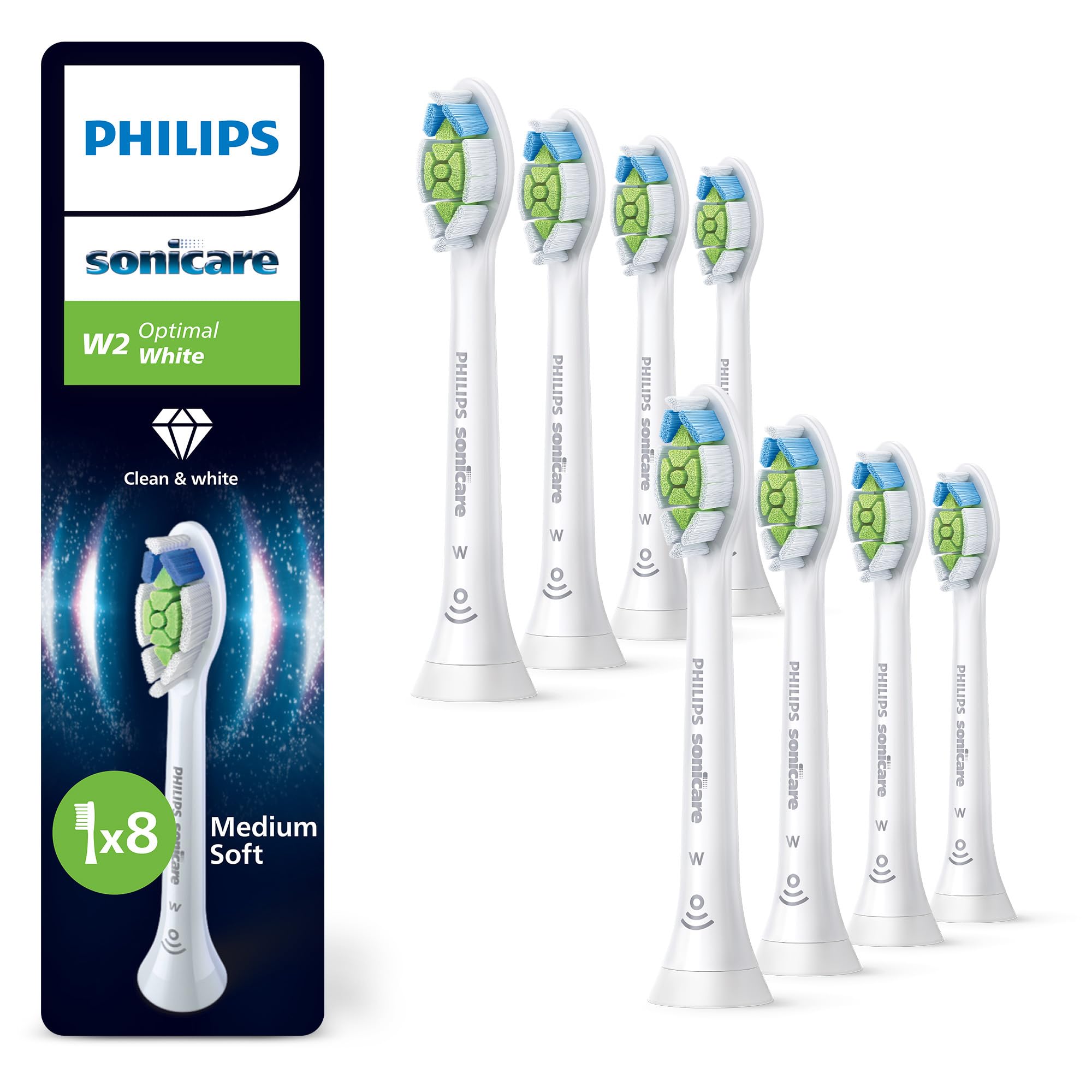 PHILIPS Sonicare W2 Optimal White, testine di ricambio originali, bianco, confezione da 8, HX6068/87, Nuovo, 8 Testine