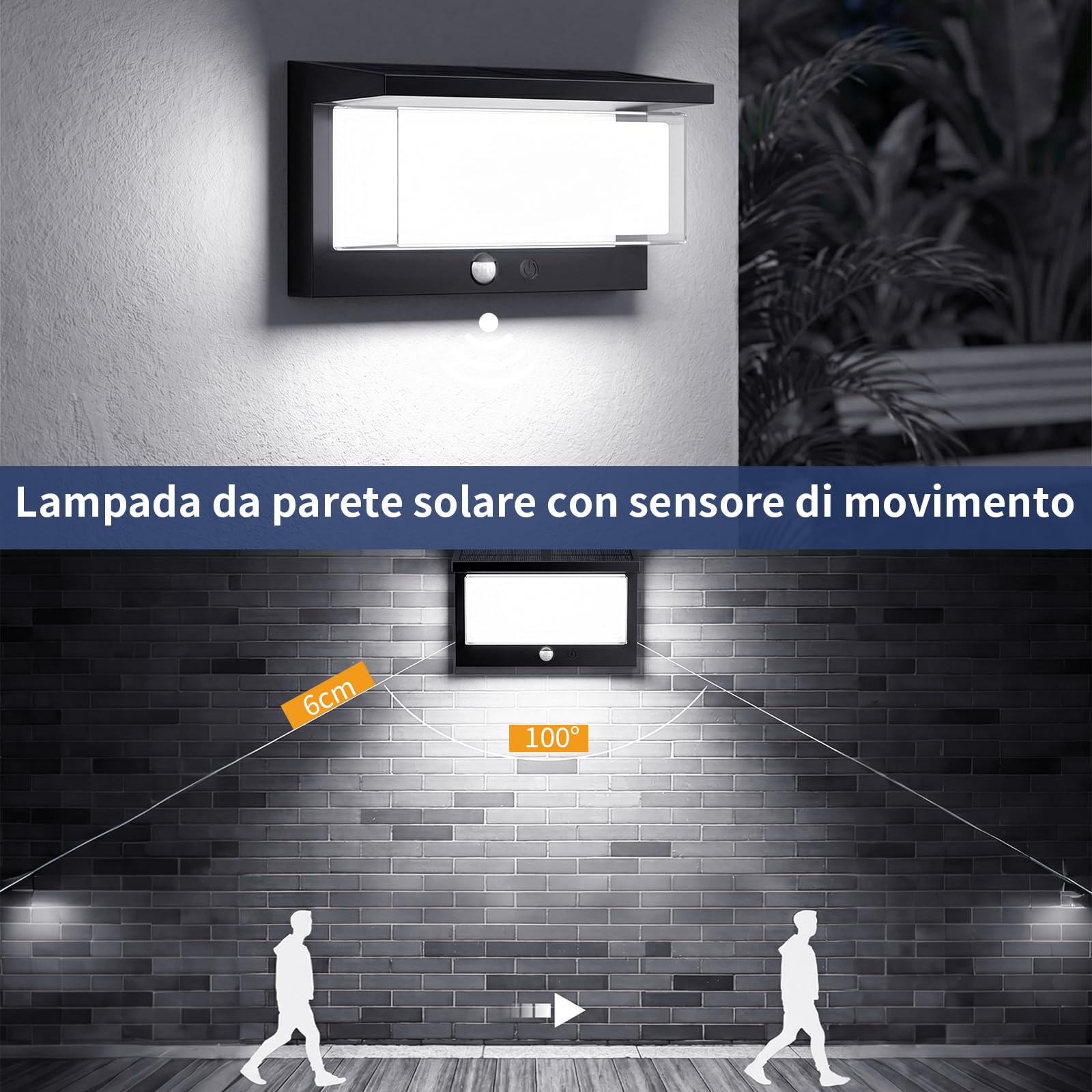 2 Pezzi Lampada Solare Esterna con Sensore di Movimento IP65 6500K Bianco Freddo Accensione/Spegnimento Auto, LED Impermeabile per Giardino, Terrazza, Ingresso e Percorsi