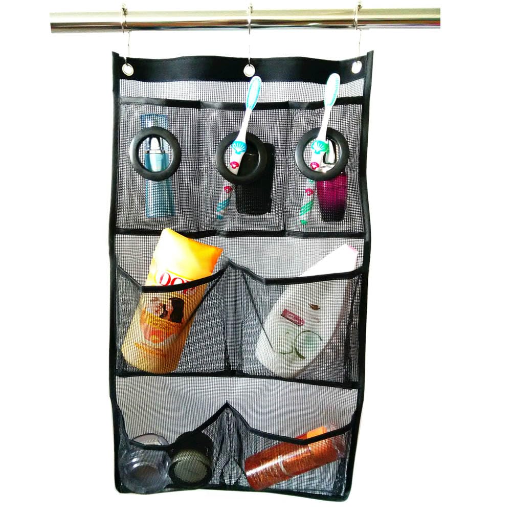 Yuidaaavzz Shower Organizer Mesh Shower Caddy Hanging Bathroom Organizer Storage with 7 Large Pockets 3 Rings Hang Curtain