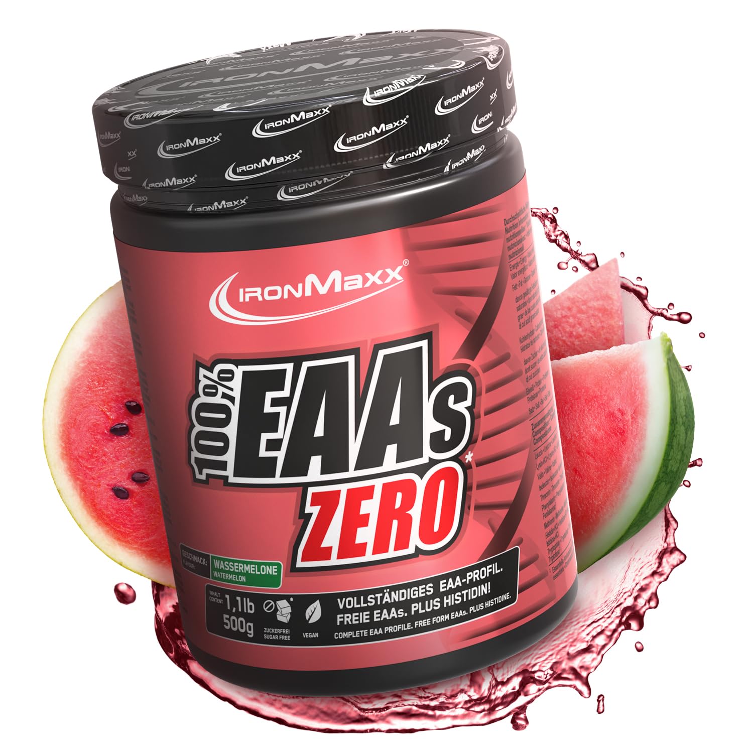 IronMaxx 100% Percento EAAs ZERO Aminoacidi in polvere- integratore a base degli 8 aminoacidi essenziali con alto contenuto di BCAA- vegano- senza zuccheri- gusto: anguria- alta dose- 500g
