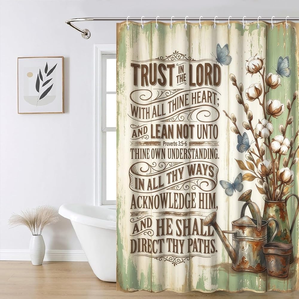 Bible Verse Shower Curtain Blue Butterfly Cotton Retro Iron Pot Classic Inspirational Quote Bath Curtain Christian Scripture Bathtub Curtains Washable Waterproof Polyester Fabric with Hooks 72x78 Inch