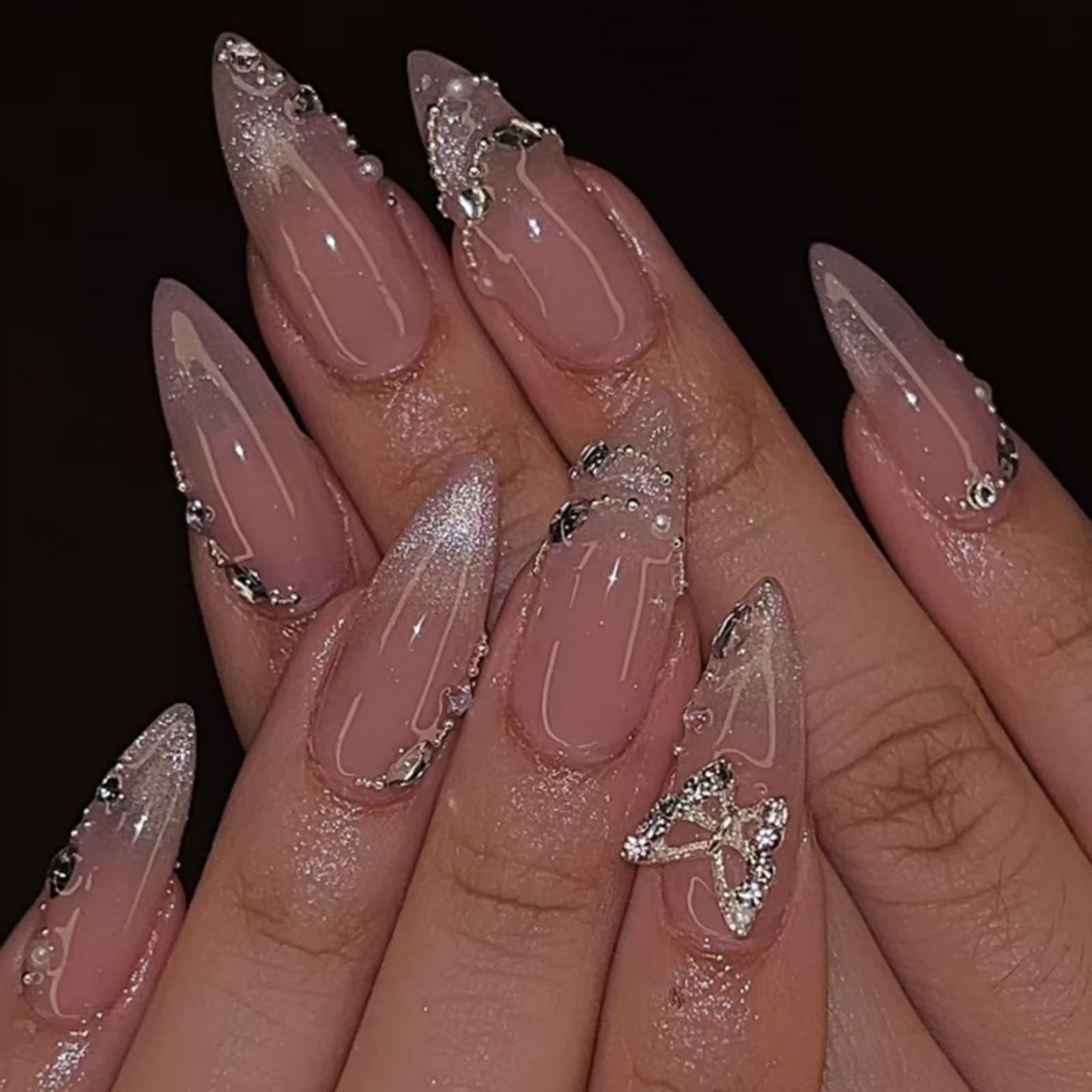 Long Press on Nails Stiletto Fake Nails French False Nails Brown Artificial Nails with Pink Flowers Designs Leopard Handmade Nails 3D Floral Stick on Nails for Women 24pcs: B01-12