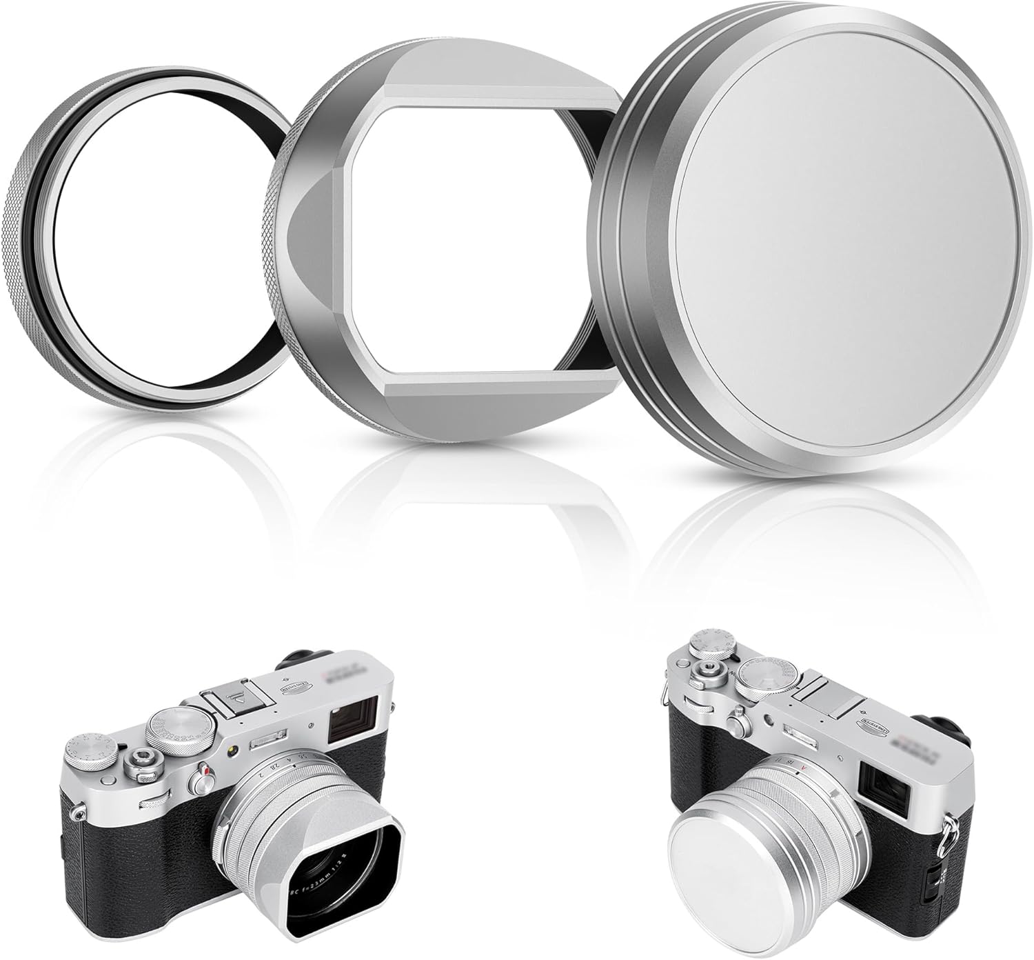 Square Metal X100VI Lens Hood with Hood Cap & 49mm Filter Adapter Ring, Protective Cover Lens Shade Protector for Fujifilm Fuji X100VI X100V Camera, Block Stray Light (No Filter Included)-Silver