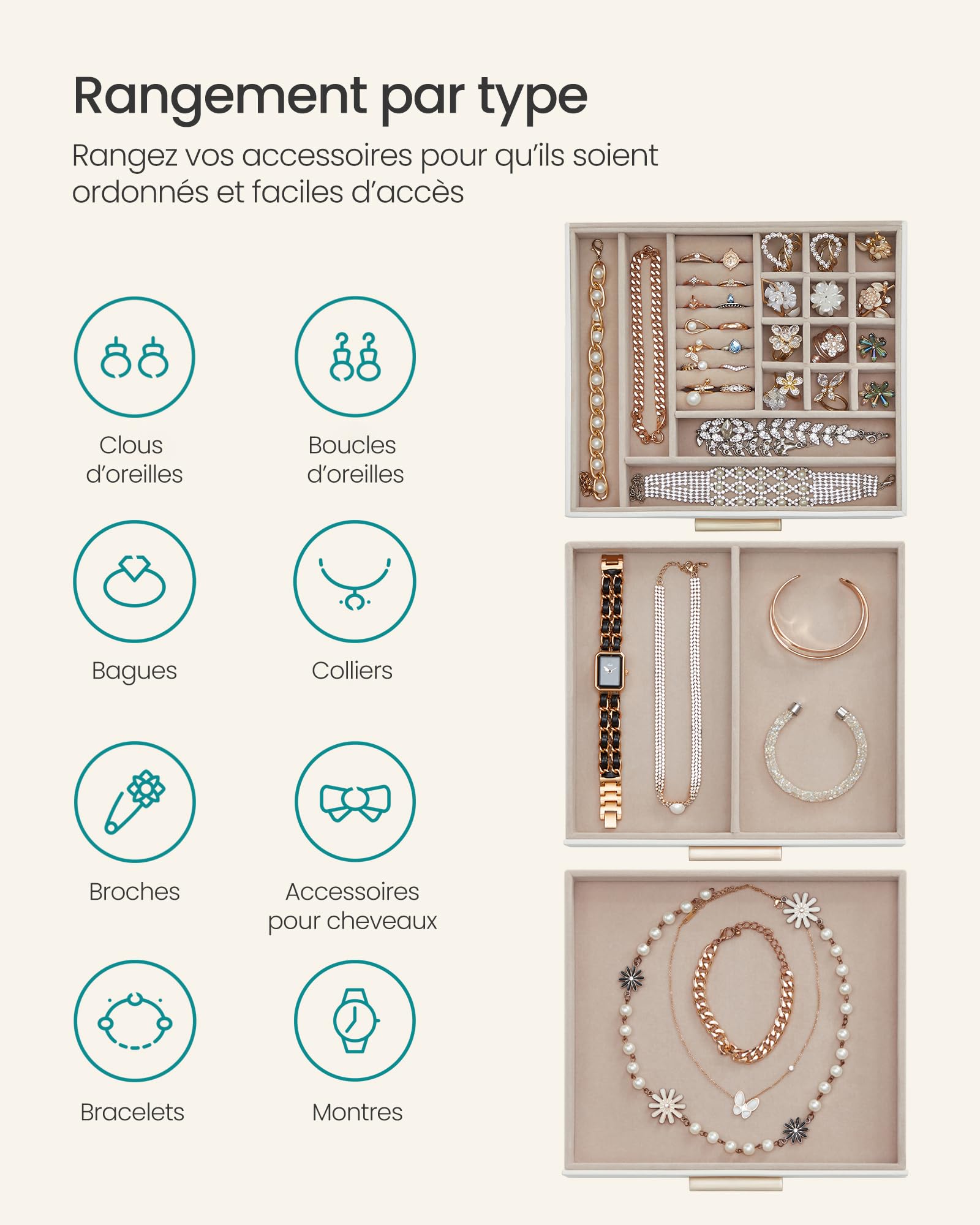 SONGMICS Collection GISELLA - Boîte à Bijoux, Écrin à Accessoires 3 Niveaux, Coffre de Rangement, Couvercle en Verre, 2 Tiroirs, Rangement pour Bijoux, Moderne, Blanc Nuage et Doré JBC239WTV1