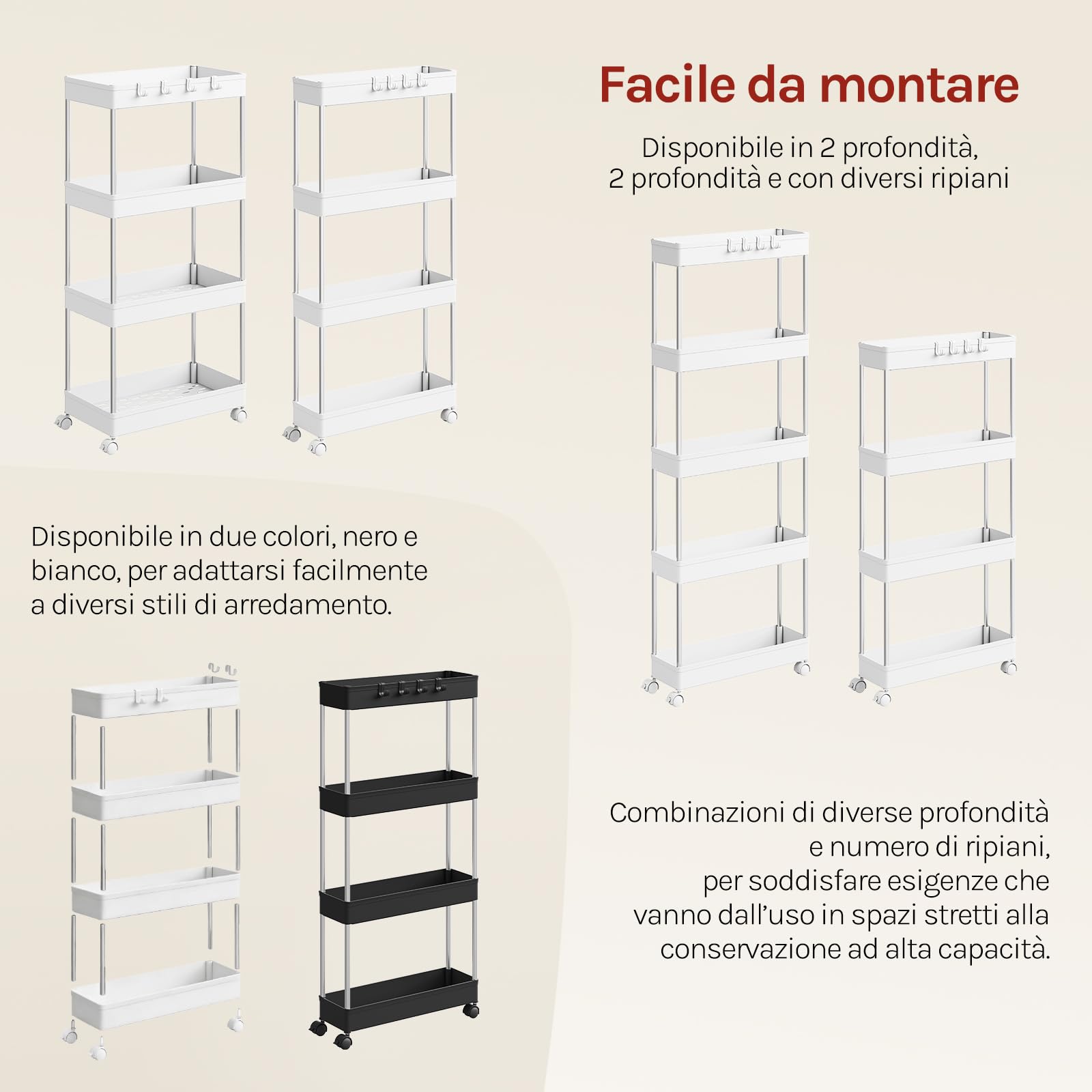 WOLTU Carrello da Cucina a 4 Ripiani, Carrello Portaoggetti con Ruote e 4 Ganci, Carrellino Salvaspazio per Cucina, Bagno e Lavanderia, in Plastica e Metallo, 41,5 x 86 x 13,5 cm, Bianco