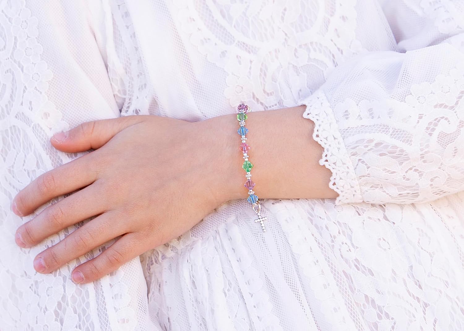 Cherished Moments 925 Sterling Silver First Communion Rosary Bracelet and CZ Cross Earrings with Safety Screw Backs. Bracelet Average Recommended Age is for a 6-12 Year Old