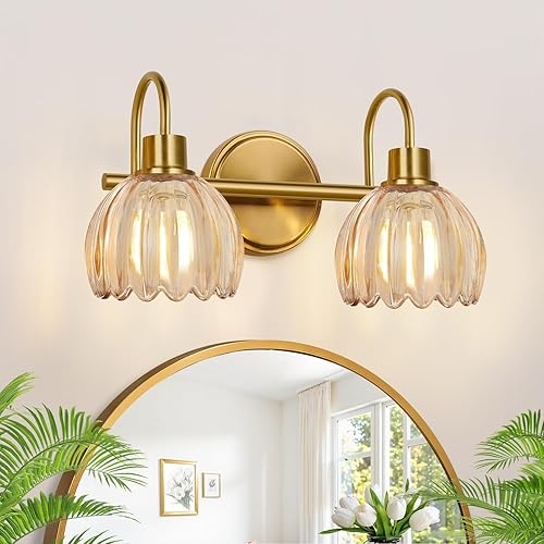 Vista 18 de Lámparas de baño de 4 luces, luces de tocador de 27 pulgadas de oro cepillado para baño con pantalla de tulipán transparente acanalado, accesorios