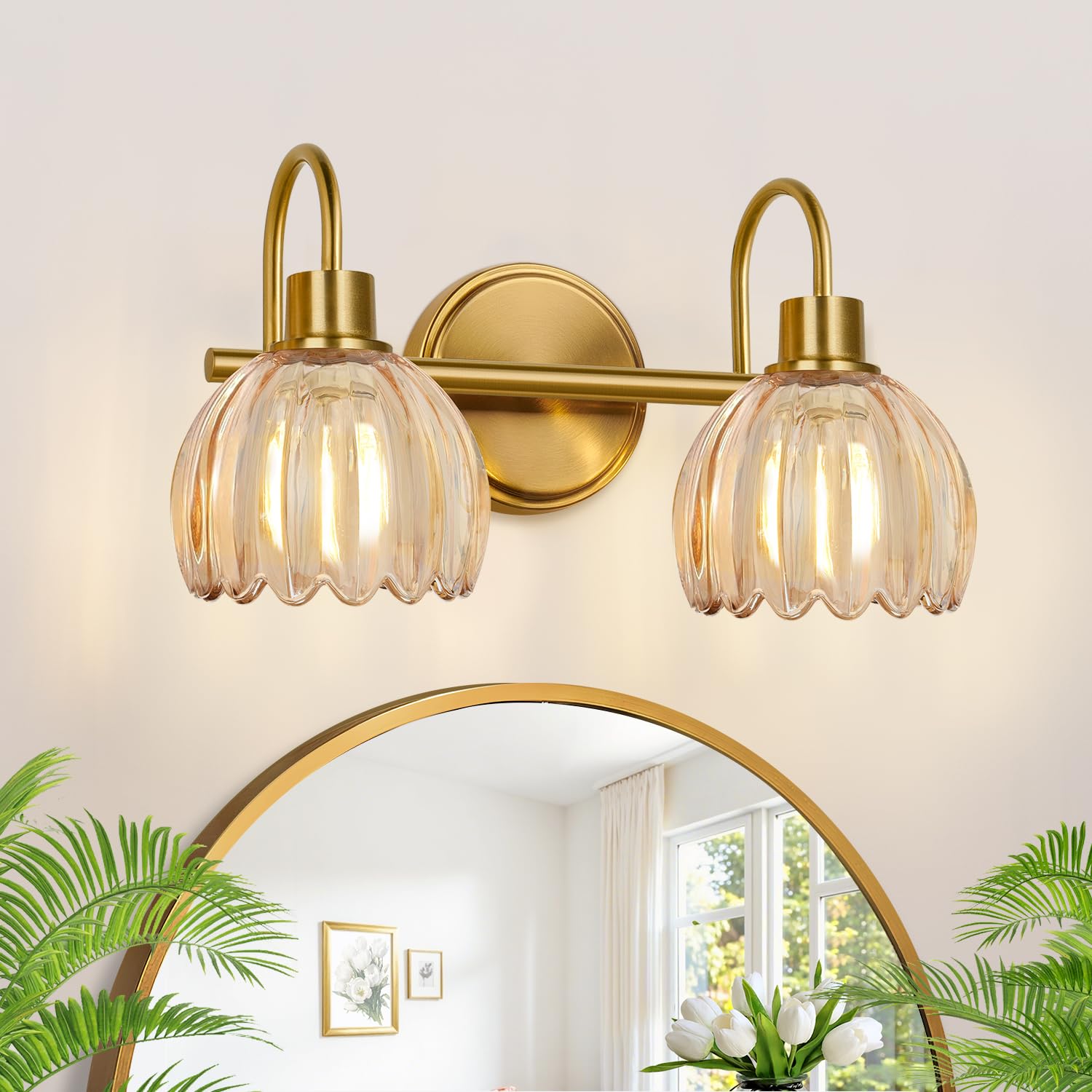 Photo 1 of Meybiok Bathroom Light Fixtures, 2-Light Brushed Gold Vanity Lights for Bathroom with Ribbed Amber Tulip Glass Shade, Vanity Lights Over Mirror for Bedroom, Living Room, Hallway