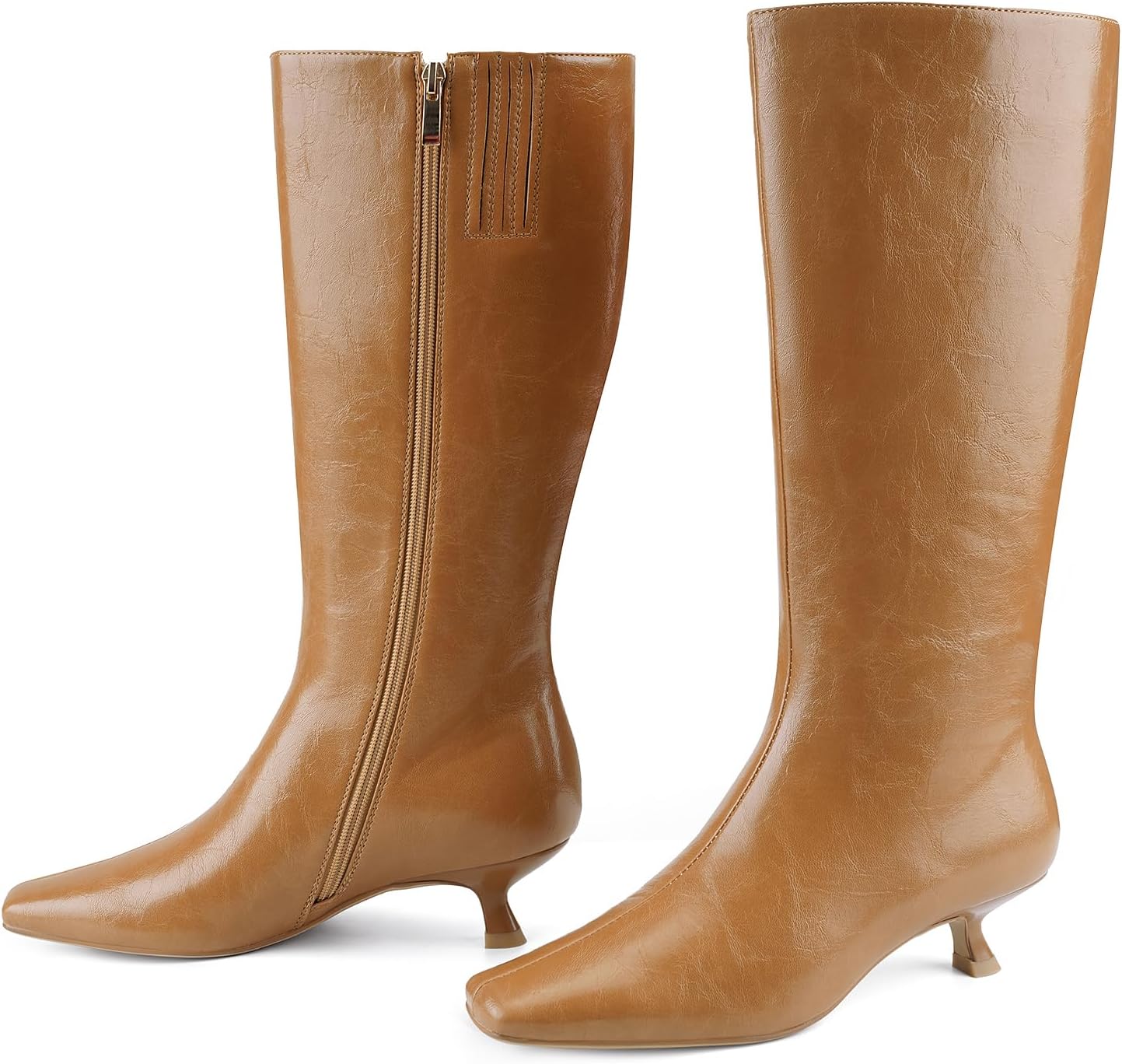 Knee High Boots Women Square Toe Kitten Low Heel Tall Boots Womens Leather Side Zipper Dress Fashion Fall Long Boot - Image 4