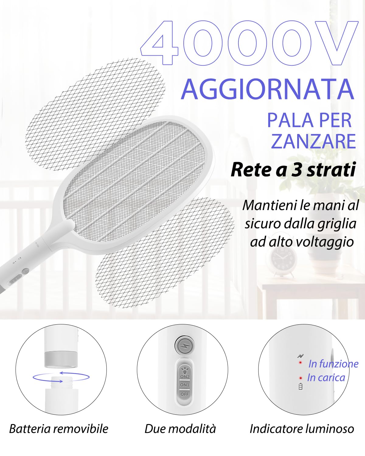 Racchetta Zanzare Elettrica Ricaricabile 4000V, Paletta Mosche con LED Viola, Batteria 1800mAh, Base di Ricarica USB, Griglia a 3 Strati, per Casa, Cucina, Giardino, Interni ed Esterni
