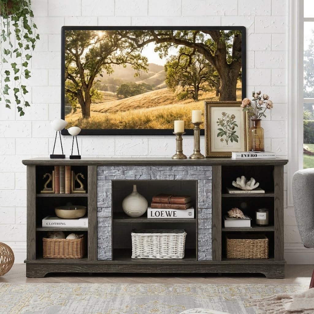 58" Modern TV Stand with Realistic Stacked Stone Surround, Entertainment Center with Storage Space, Wooden TV Console Table for TVs Up to 65", Rack for Living Room (Grey, 58 inch)