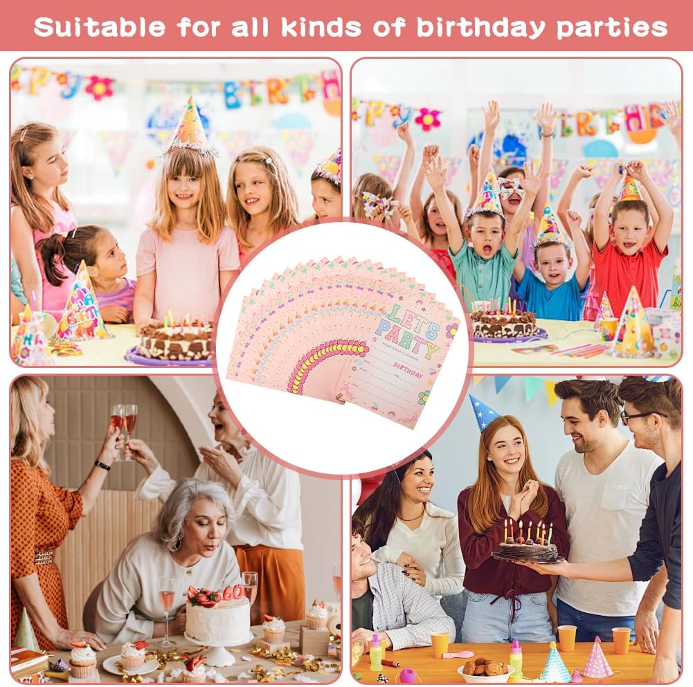 Kakalote Birthday Invitations, 20pcs Cute Flower Birthday Party Invitations, Let's Party(Pink)