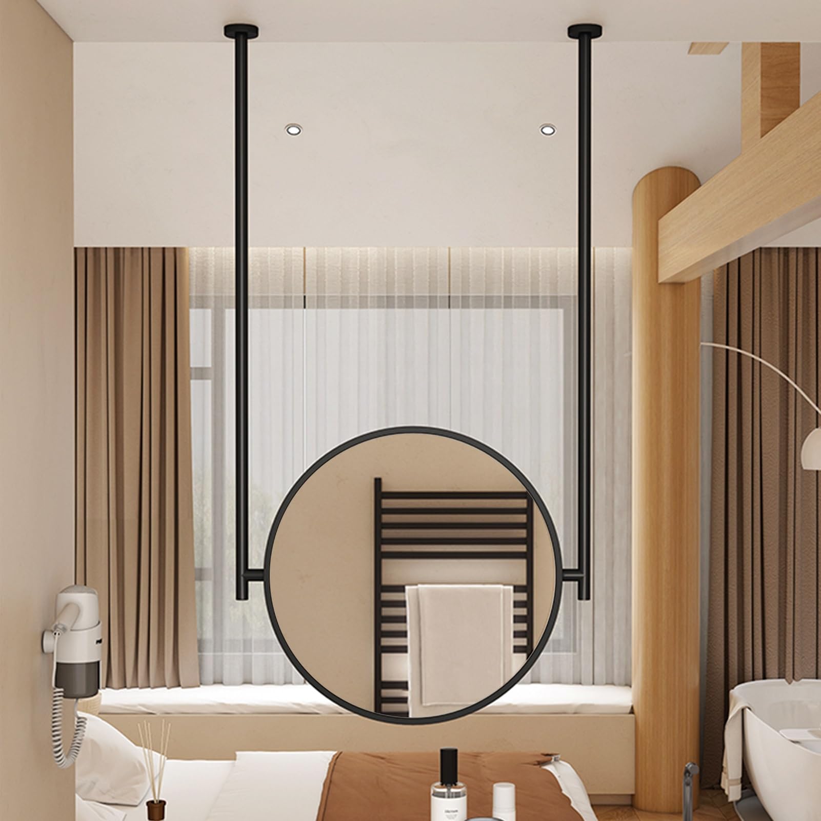 FGXHHS Modern Ceiling Hanging Mirror, Large Decorative Mirror with Rod, Vanity Make-up Round Bathroom Wall-Mounted Mirrors(Diameter-70CM/27.6INCH)