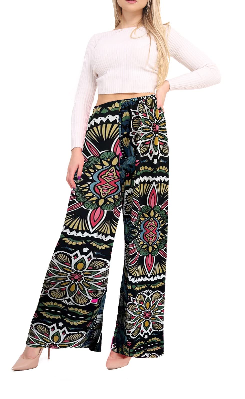 Womens Palazzo Wide Leg Flared Loose Fit Trouser Ladies Elasticated Waist Stretch Baggy Plain Pants