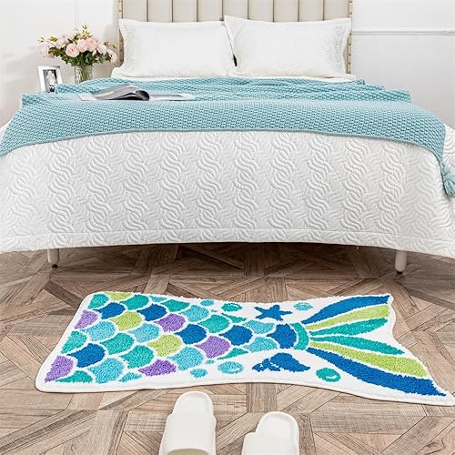 Miniatura 7 de Bonita alfombra de baño de sirena, divertida alfombra de baño con forma de cola de pez océano azul, escamas de sirena, para baño, antideslizante,