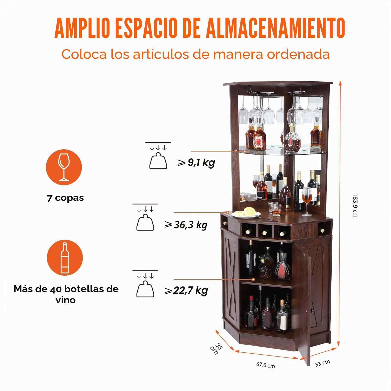 VEVOR Mueble de bar esquinero industrial, muebles de bar para licores y copas, aparador con soportes de vidrio, estante de exhibición de vino de madera independiente grande para sala de estar, hogar