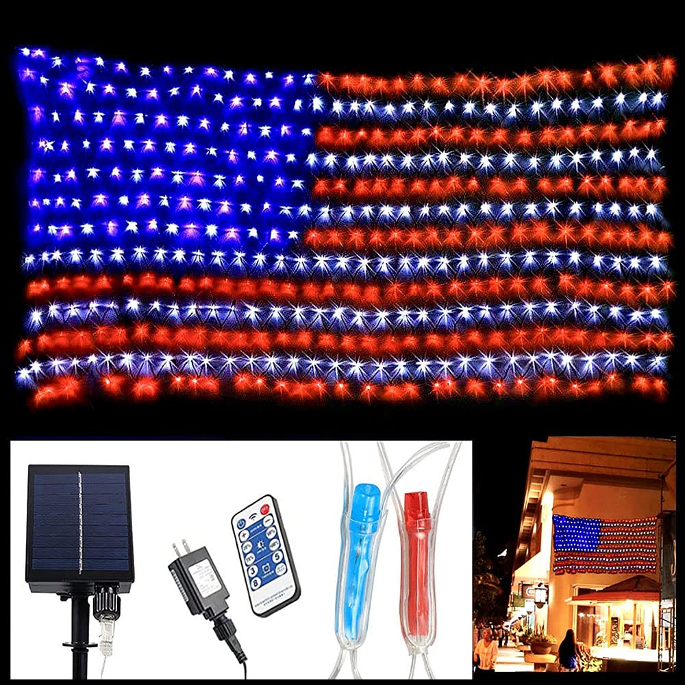 Qulist Solar Powered American Flag Lights, 420 LED Red White and Blue 4th of July Decorations Net Lights with Remote Control for Outdoor Indoor Independence/National/Memorial Day Patriotic Decor