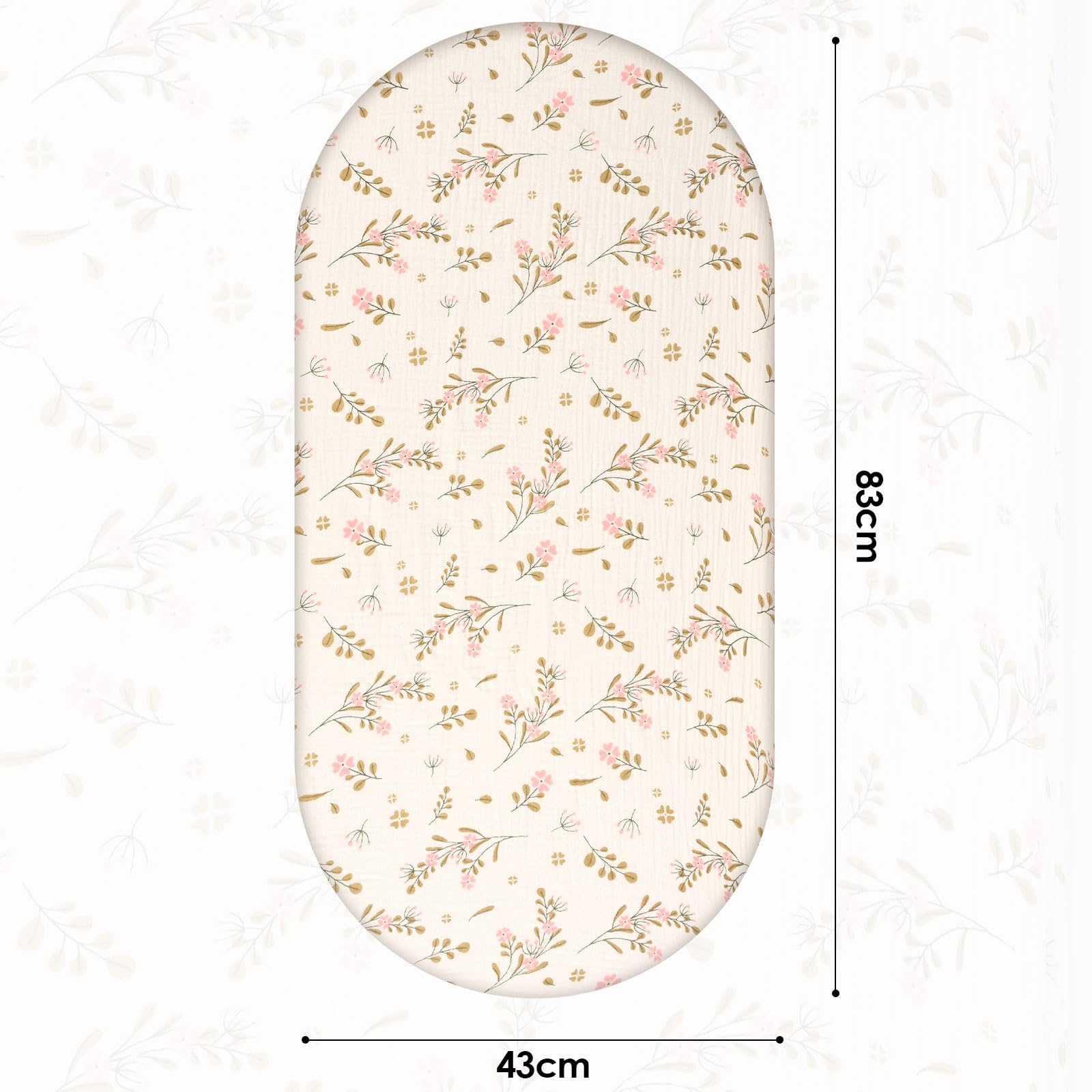 3 Stück Baby-Bettlaken, 83 × 43 cm, Universelle Spannbettlaken für Kinderwagen, 100% Musselin-Baumwolle, Baby Spannbettlaken, Reisebett Spannlaken Beistellbett Leintücher (Rosa Blume)