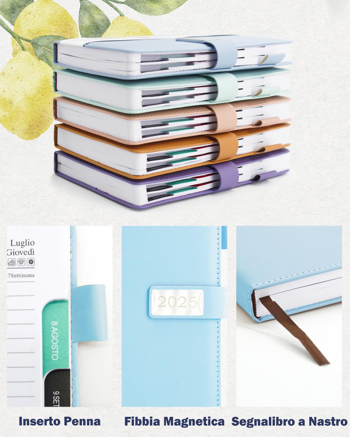 HW CASA Agenda Giornaliera 2025 Taccuino,Formato A5,200 Pagine,Pelle Vegana Macaron,Fibbia Magnetica Argentata,Design a Pagina Singola ed Etichette Mensili Colorate,Calendario e Agenda Mensile,Blu