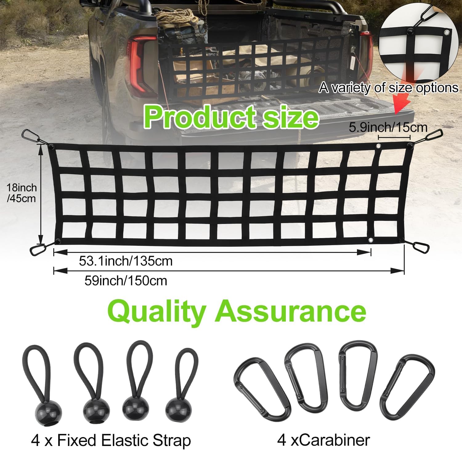 Heavy Duty Tailgate Net for Pickup Truck Bed - 60'' x 18'' Durable Mesh Cargo Netting, Easy-to-Install for Full-Size Trucks (Chevy, Ford, GMC, Toyota, Jeep) - Black