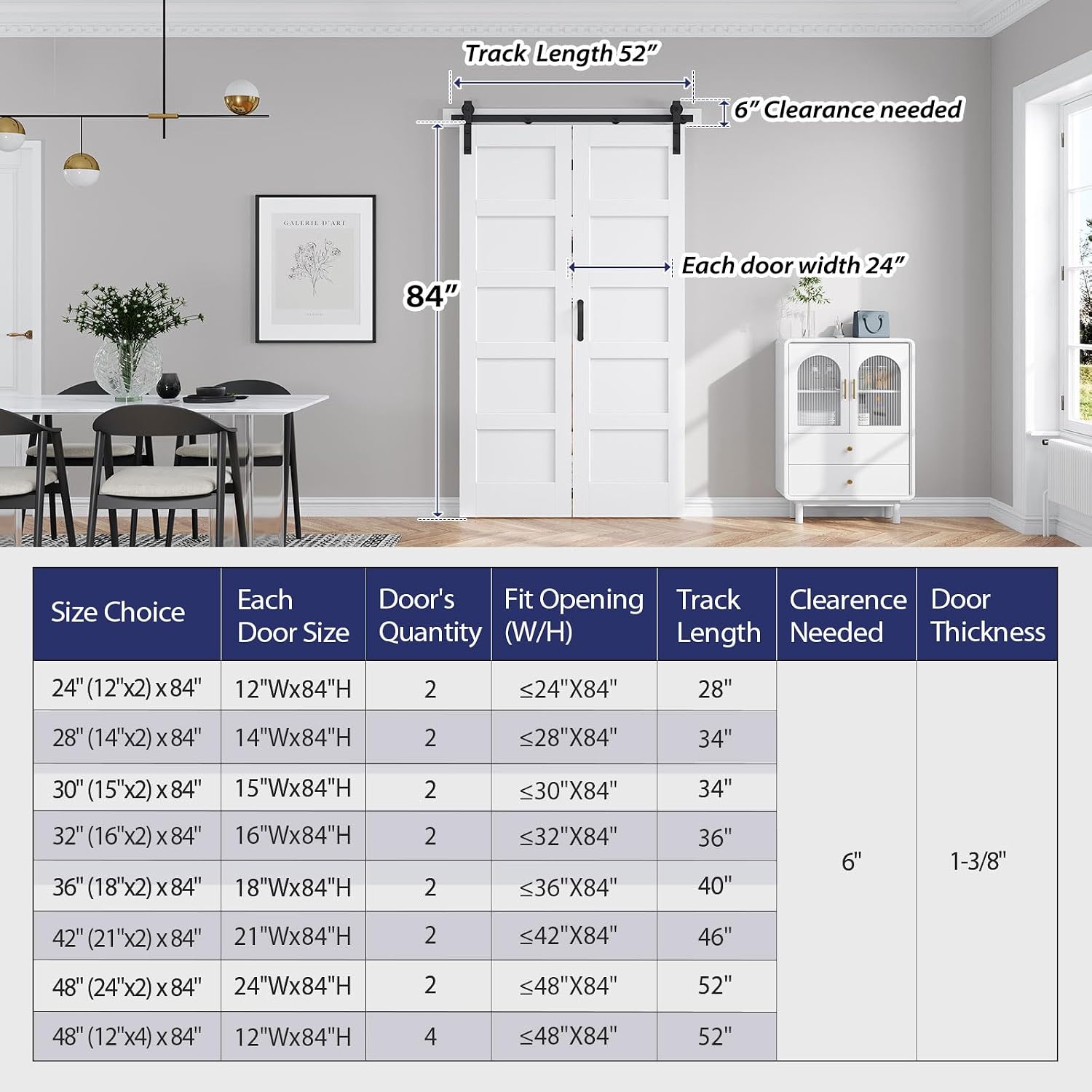 FREDBECK 48X84(Double 24x84) Bi-fold Barn Door Folding Doors White with 52" Hardware Kit,Interior Water-Proof PVC Surface for Closet,Assembly Required