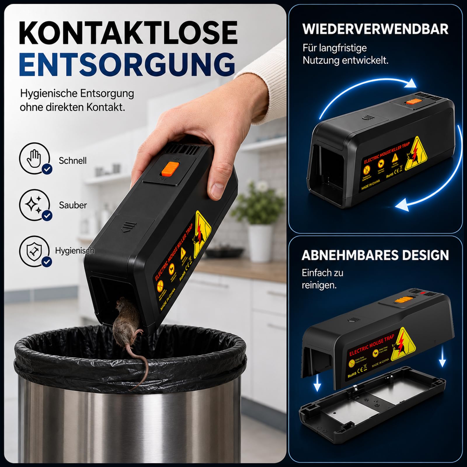 Rattenfalle Elektrisch 2800V, Elektrische Mausefalle mit Großem Einlass, Wiederverwendbar, Hygienisch, Für Haus, Keller, Garage